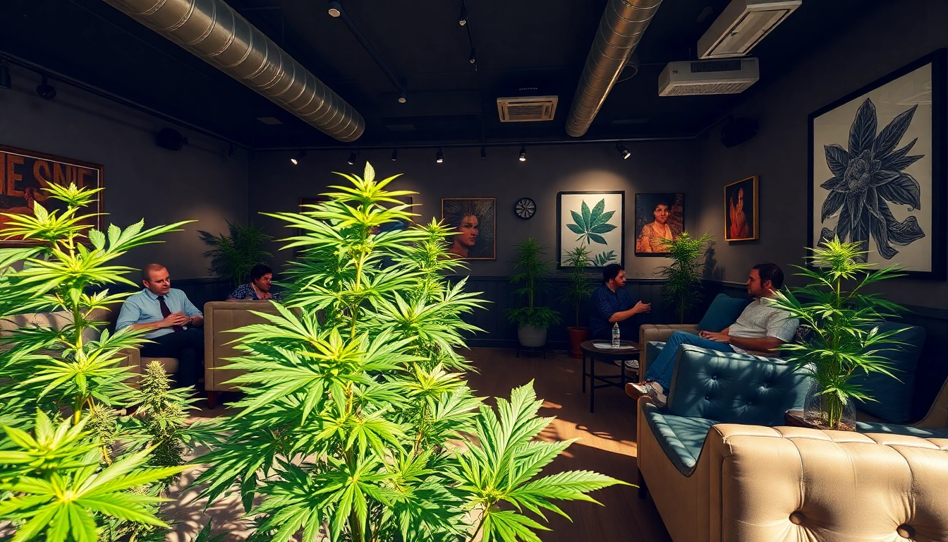 Members socializing at Green Guyz Cannabis Club Madrid showcasing vibrant ambiance and greenery.