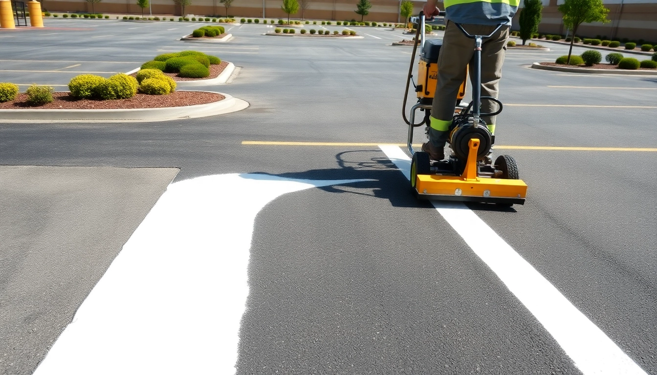 Professional parking lot striping Jackson MS with precision lines being painted in a well-organized area.