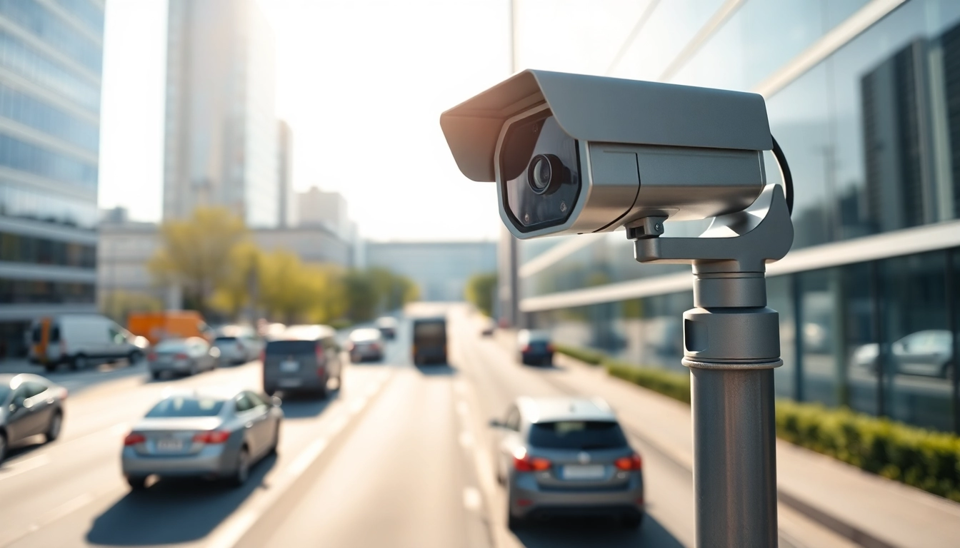Showcasing a license plate recognition camera positioned for effective vehicle monitoring in an urban environment.