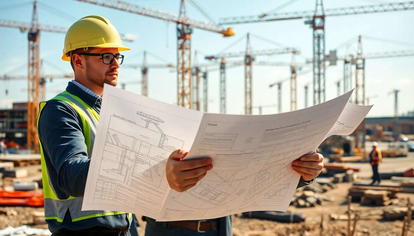New Jersey Construction Manager analyzing blueprints on a bustling construction site.
