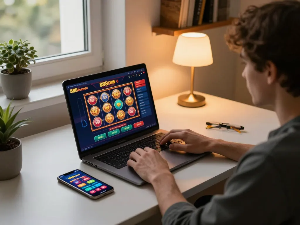 Engaging with the 888now com online casino platform on a sleek laptop at home, illustrating modern gambling.