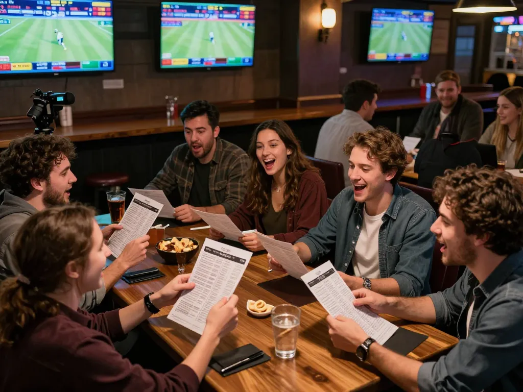 Engaging in sports betting excitement with 23win at a lively sports bar, friends analyzing odds and celebrating wins.