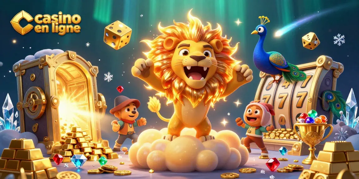 Jouez au casino en ligne avec un lion dans une illustration 3D brillante, plein de trésors !