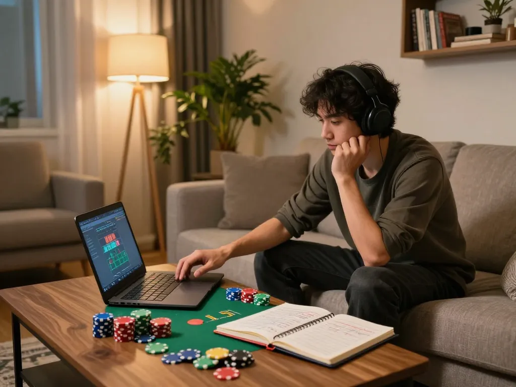 Play poker online at home using fabet laptop with colorful chips and strategic notes.