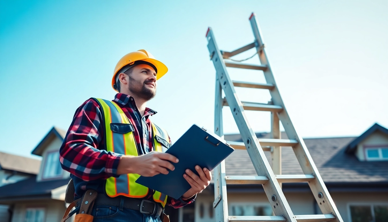Roofing contractor examining a residential roof while ensuring safety and quality.