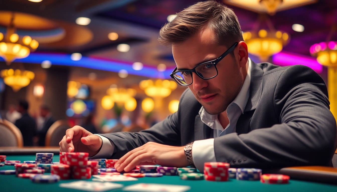 Menangkan permainan interwin dengan pemain poker penuh konsentrasi di kasino.