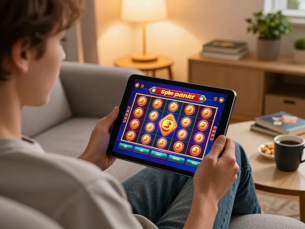 Engaging spinpanda no deposit gaming experience on tablet in a cozy home atmosphere.