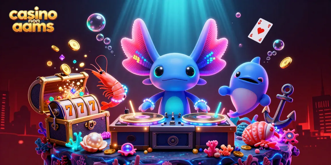 Grafica animata di un DJ axolotl in un casino non AAMS, circondato da un tesoro sottomarino.