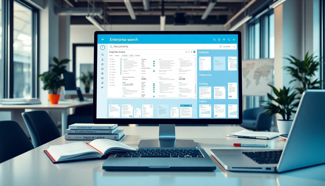 Visualize enterprise search software optimizing document organization in a professional workspace.