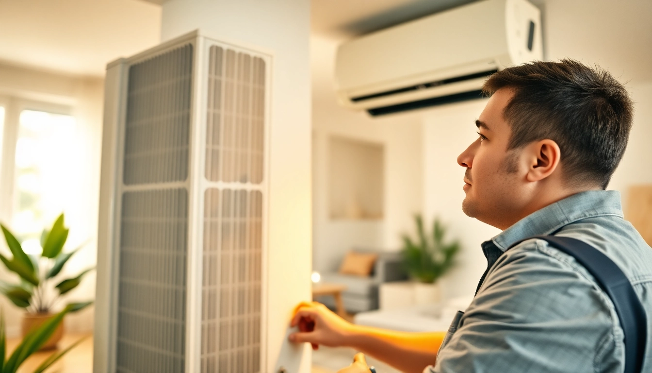 Technician servicing an American Standard HVAC system in a cozy home environment.