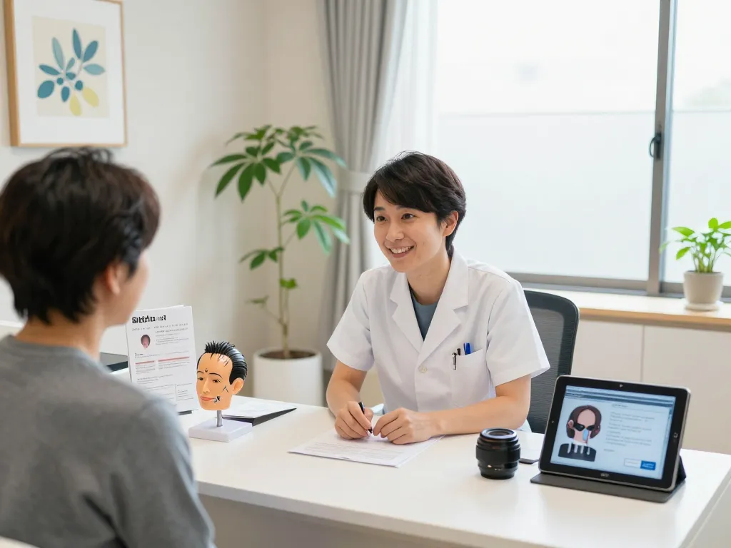 日本京都での自毛植毛相談。医師が患者と落ち着いた現代的なクリニックで選択肢を話し合っています。