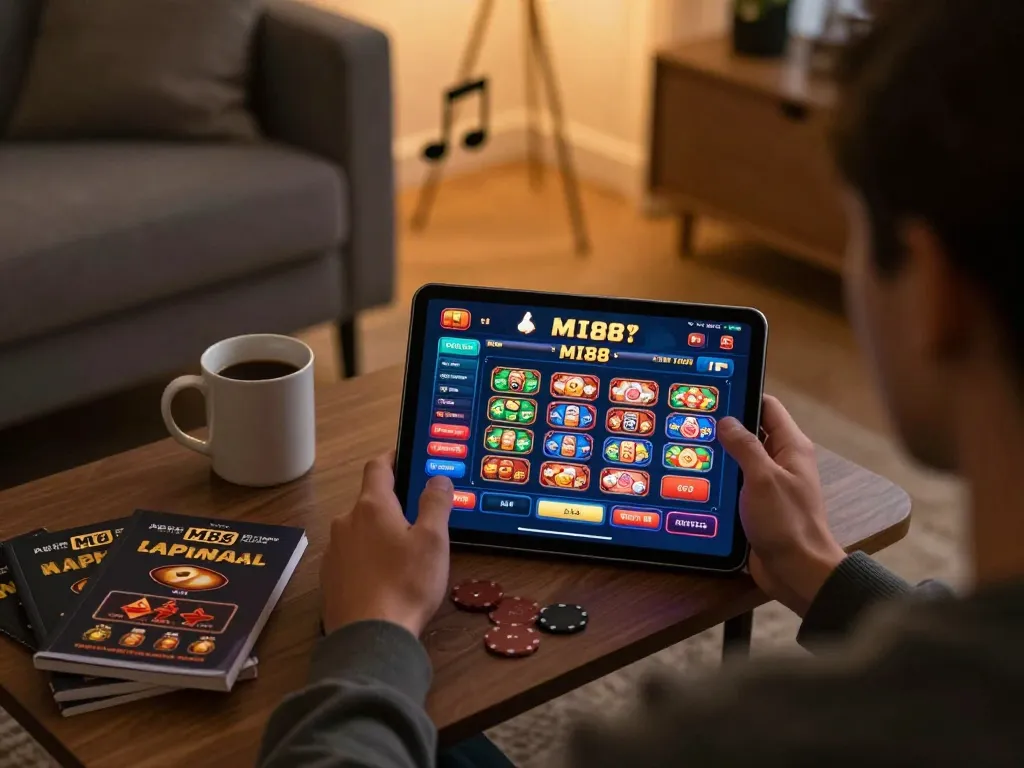 TẢI MI88 casino app on tablet while engaged in online gaming strategy at home.