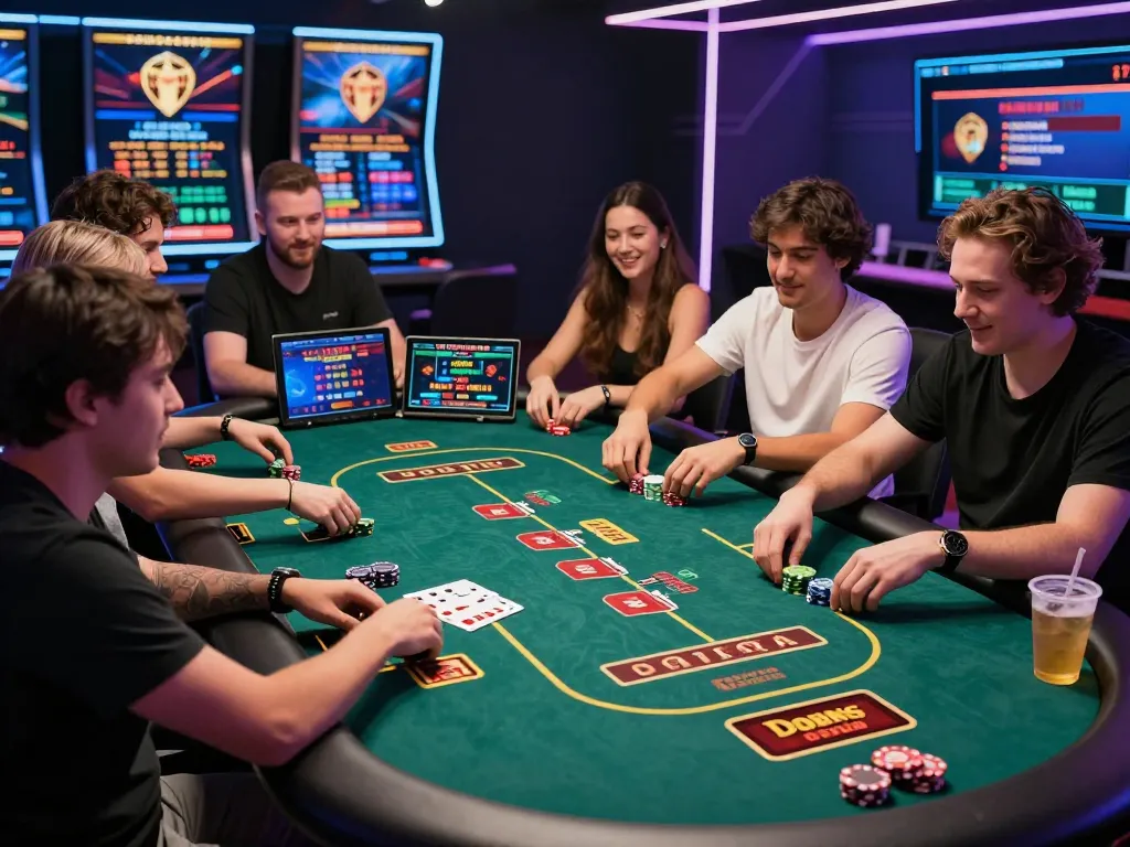 Xpay33 promotion showcase with diverse players enjoying an exciting virtual poker game, featuring gaming devices and vibrant graphics.
