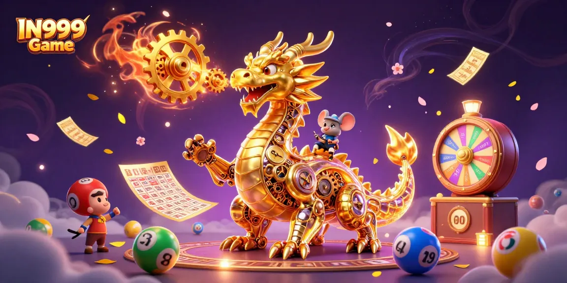 Engage with IN999 Game through colorful lottery balls, golden tickets, and a vibrant dragon-themed illustration.