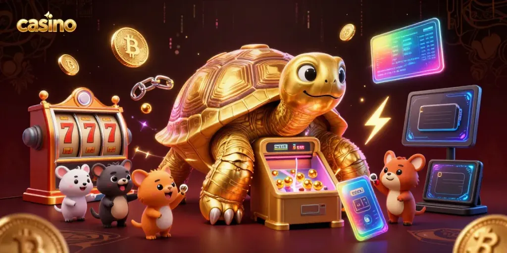 Spin the reels in a vibrant casino scene featuring a golden tortoise and excited animals.