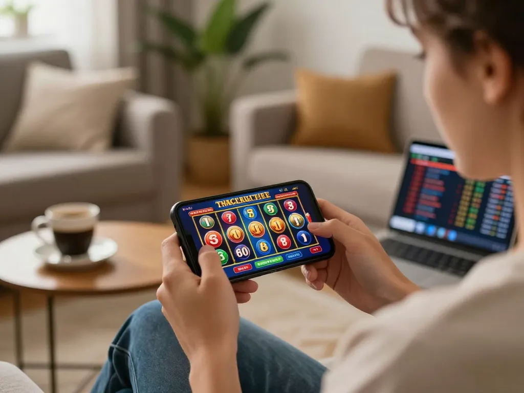 Engaged player using a smartphone for mobile gambling while relaxing at home, showcasing sapporo-dogscafe vibes in a cozy atmosphere.