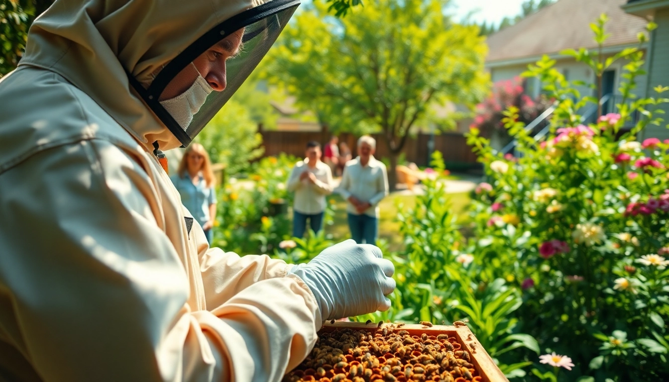 Engaging honey bee removal services technician safely inspecting a hive in a suburban backyard.