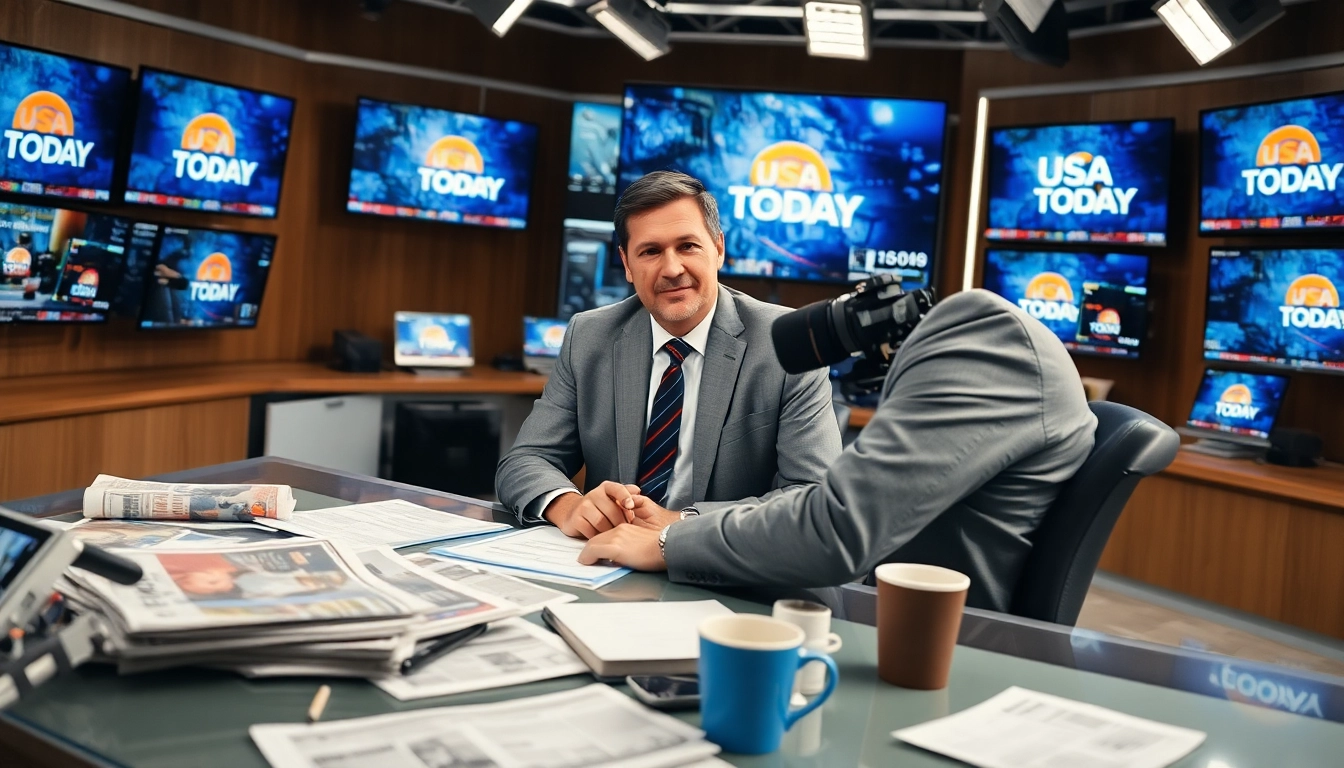 Covering latest news trends from Usa Today with a journalist at work in a modern newsroom.
