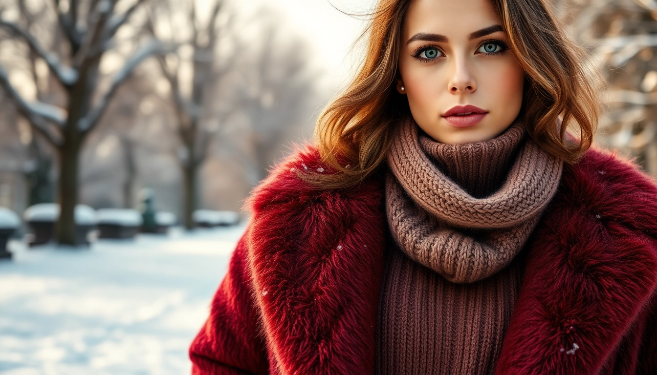 Model showcasing stylish winter fashion in a cozy snowy setting with layered outfits.