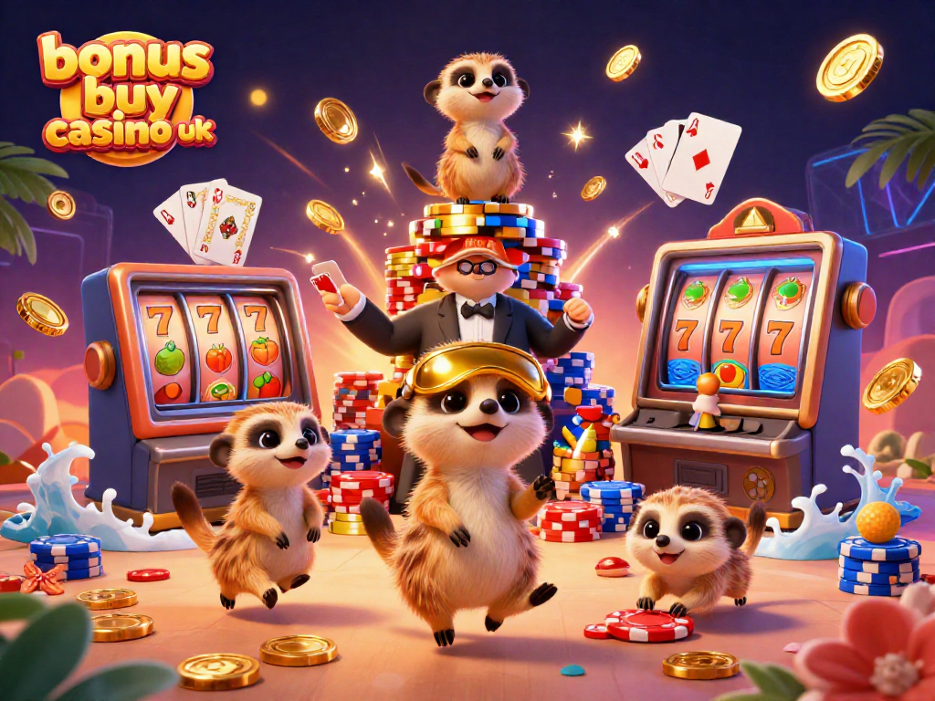 Experience thrilling gameplay at bonus buy casino uk with lively meerkats running a vibrant slot machine operation.