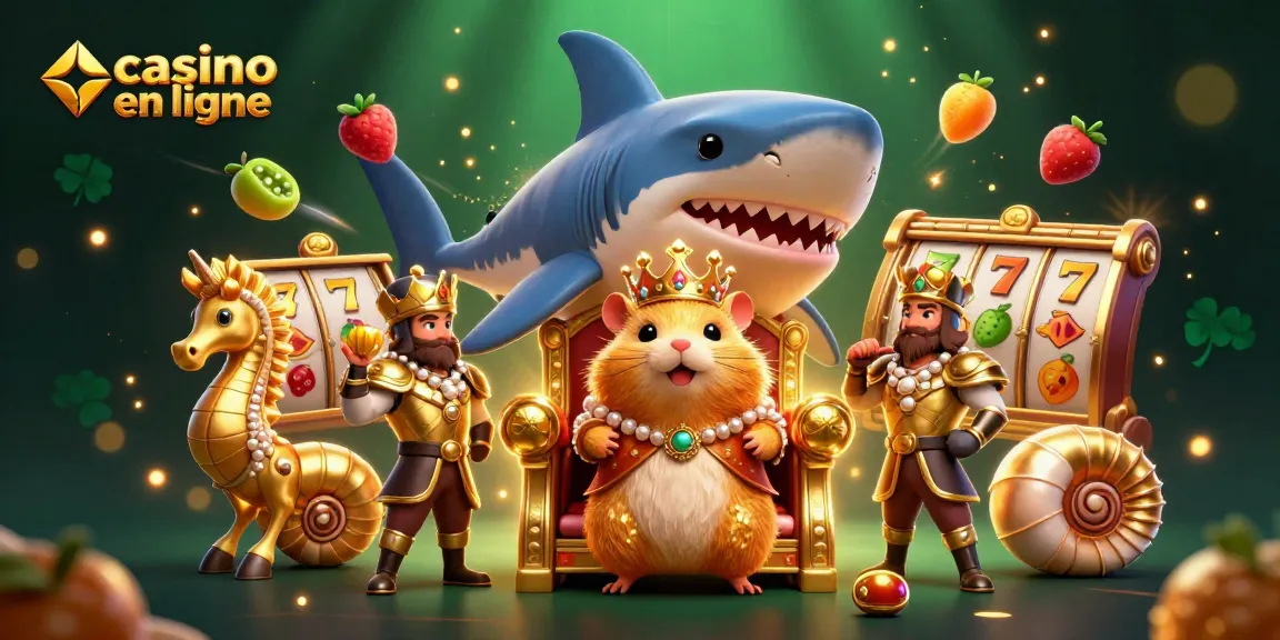 Un roi hamster doré joue avec des machines à sous sur un fond de casino en ligne captivant.