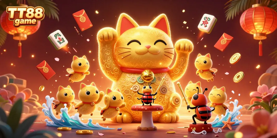 Play exciting TT88 game with a dynamic 3D lucky cat and colorful casino elements.
