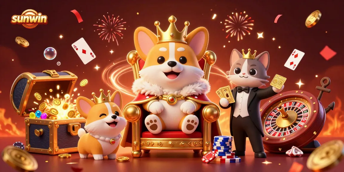 Experience thrilling casino action with sunwin as corgis reign from a poker chip throne surrounded by festive elements.