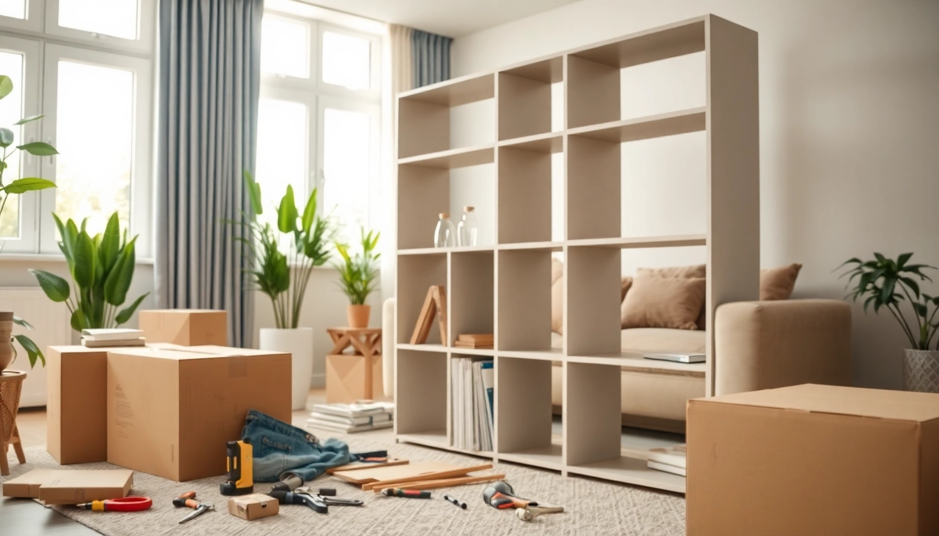 Providing assembly and installation services for modern furniture in a bright living room setting.