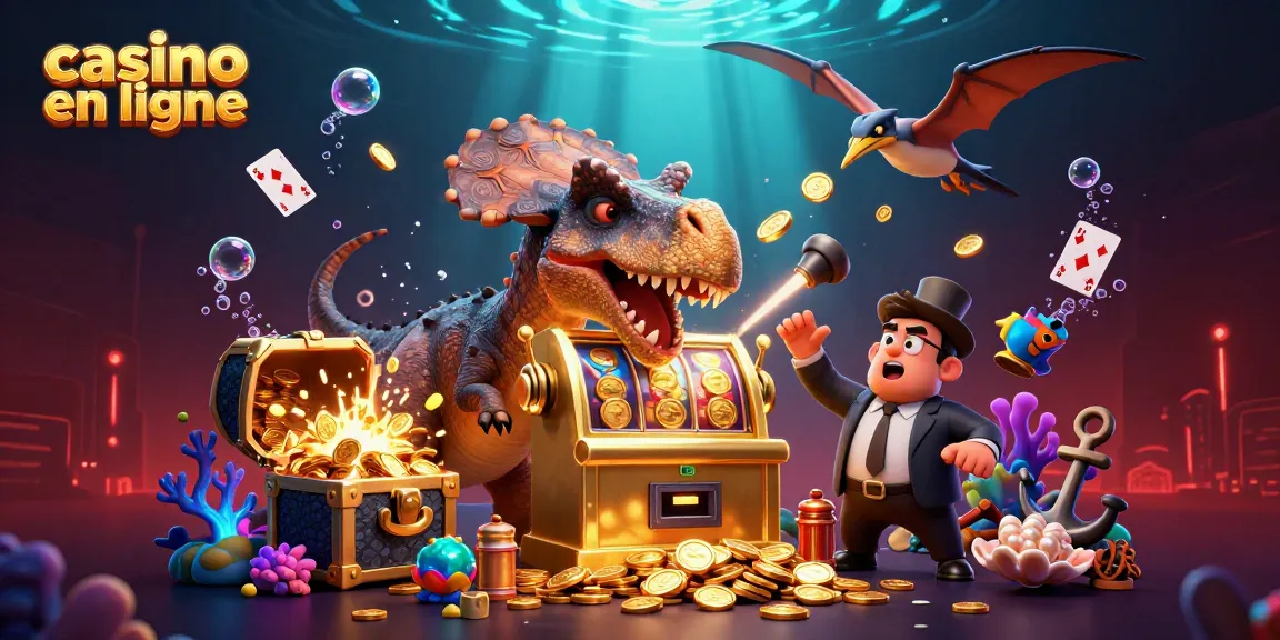 Visualisez un casino en ligne avec un pachycephalosaurus qui fait gagner des pièces d'or, créant une atmosphère dynamique.