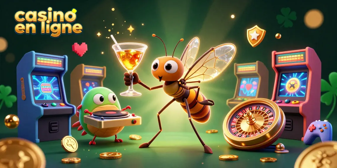 Illustration dynamique de casino en ligne présentant un moustique cartoon en ambre, une DJ trilobite et une roulette dorée.