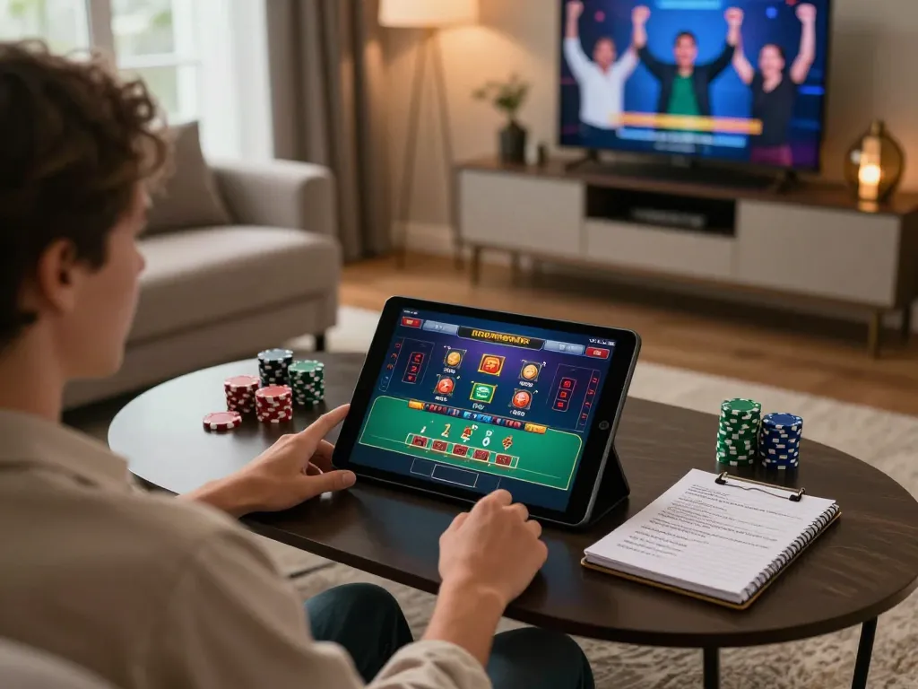 Player engaging with fabet online blackjack game on a tablet in a cozy living room setting.