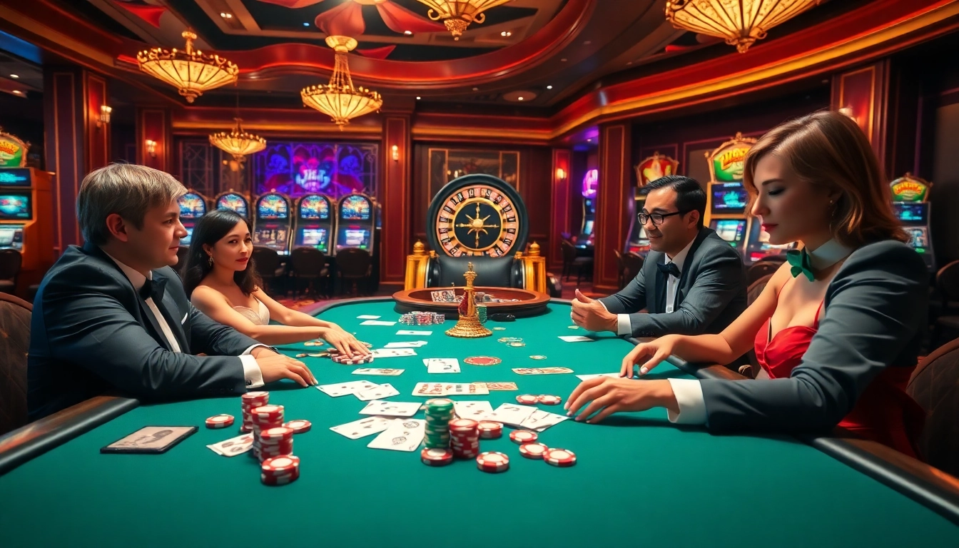 Engaged players in a vibrant casino setting at https://888new.sarl/ with poker chips and roulette.