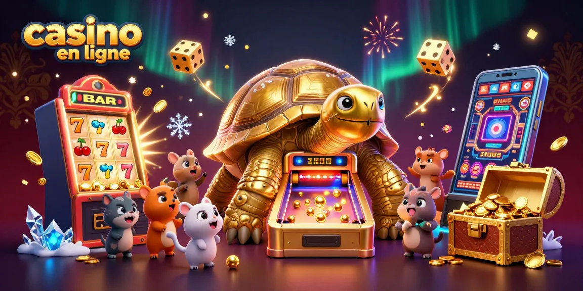Profiter de l'expérience de casino en ligne avec un décor animé de tortue dorée et machines à sous.