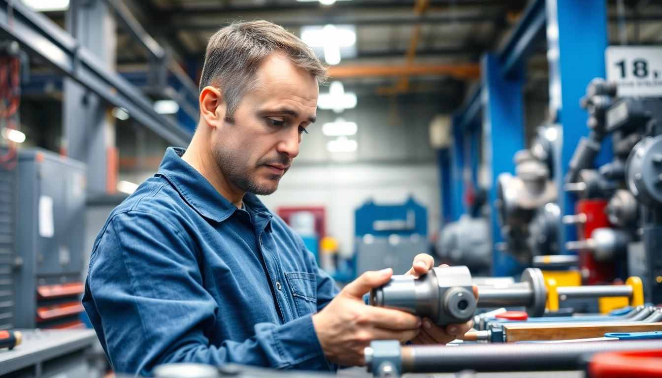 Skilled technician offering hydraulic repair services in a bright industrial workshop setting.