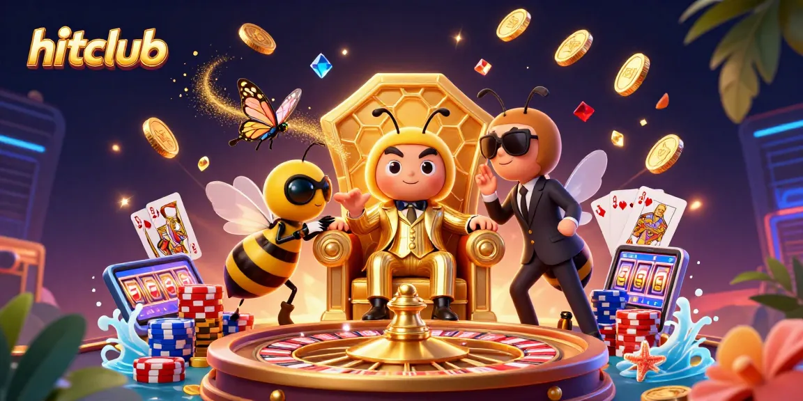 Hitclub bumblebee boss oversees dazzling gambling scene with coins, roulette, and cards in vibrant 3D.