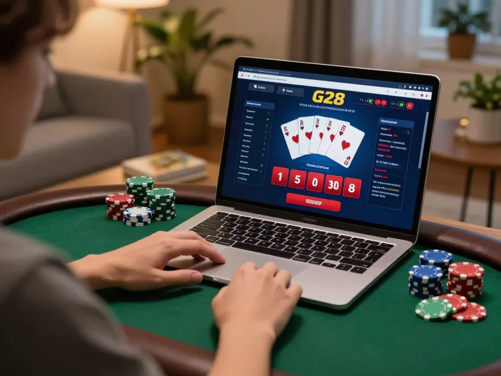 Player engaging in strategic online gameplay with G28 interface, surrounded by cozy home elements.