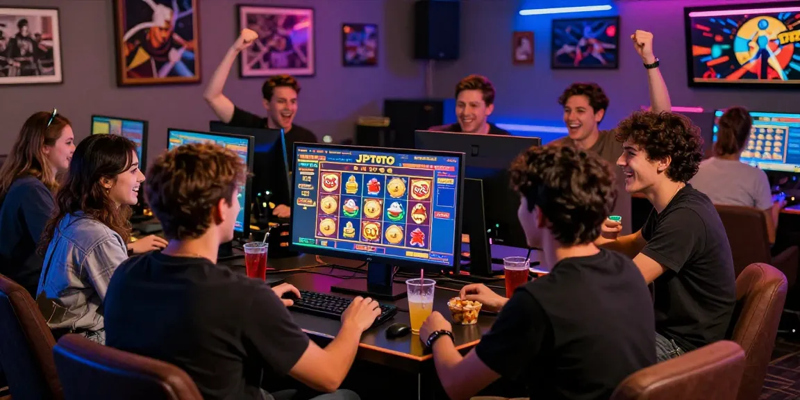Friends celebrating a win on JPTOTO site in a vibrant gaming room.