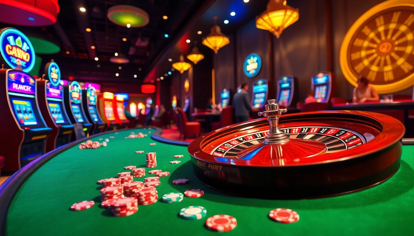 Vibrant casino scene featuring KJC AC 1 with tables, slot machines, and roulette wheel.