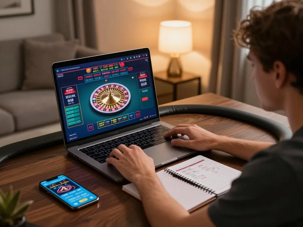 Player strategizing bets on GG88's live dealer game with a laptop and smartphone setup.