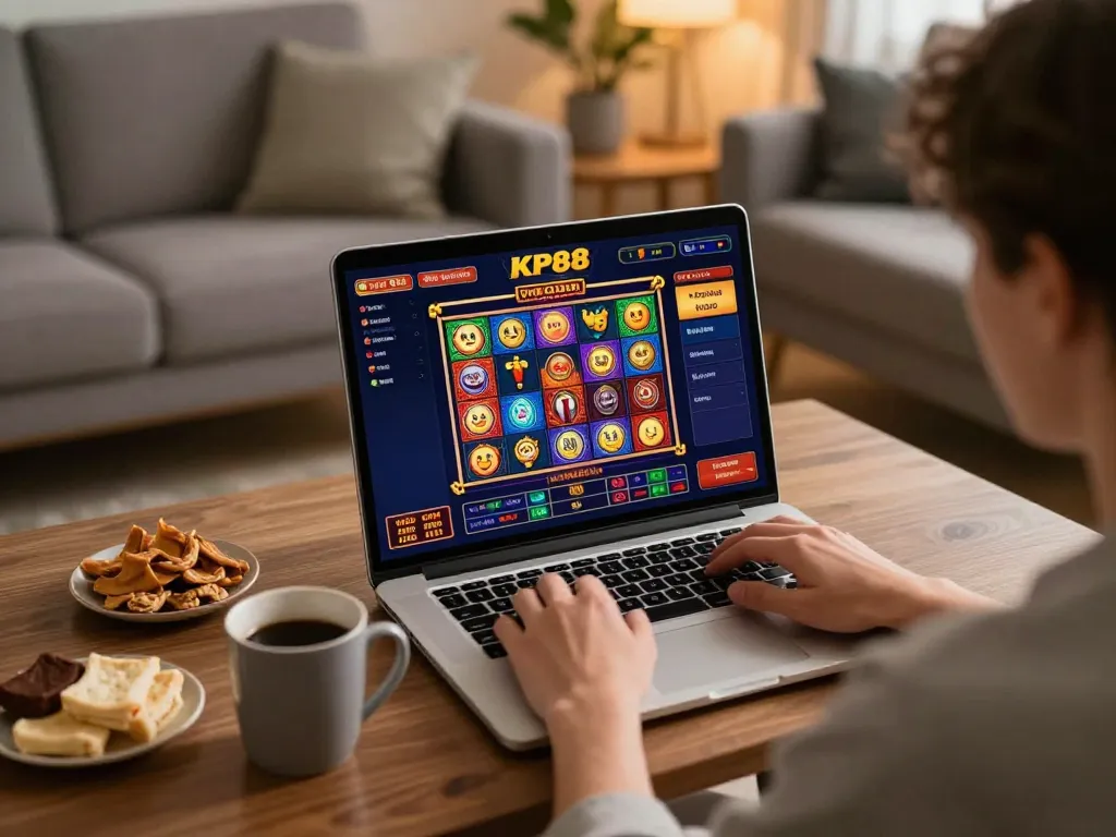 Engaging scene of a player enjoying jkp88 online casino on a laptop at home, showing vibrant slot games.