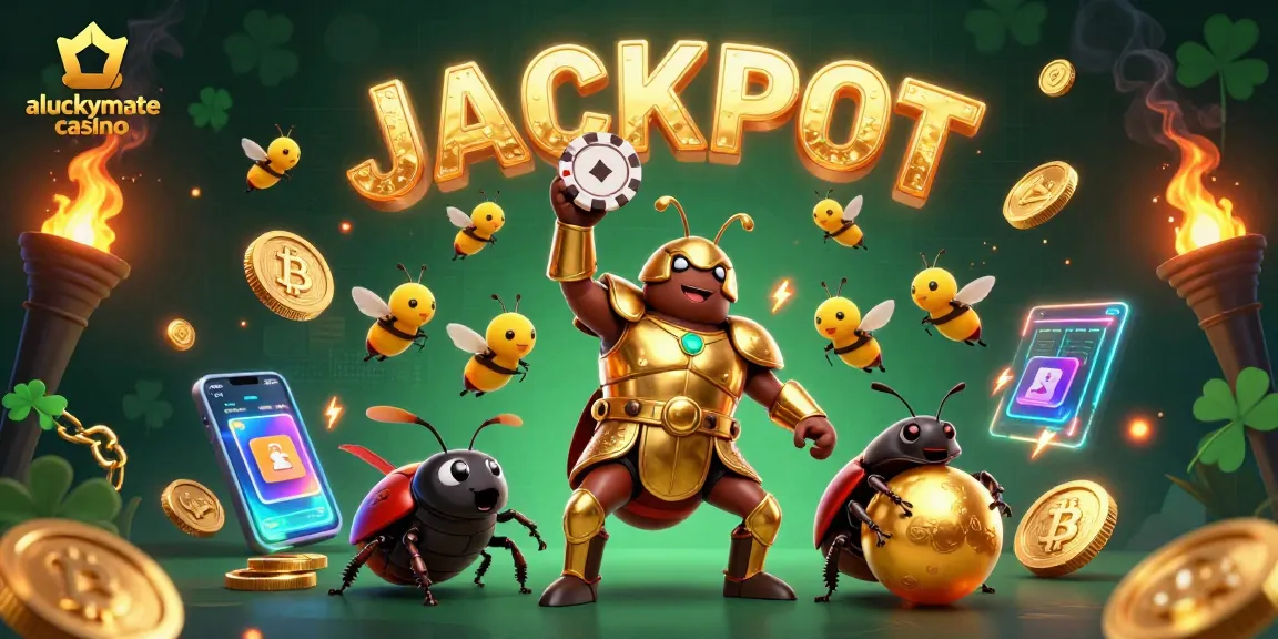 Experience the thrill of aluckymate casino with a victorious beetle hero amidst dazzling crypto elements.