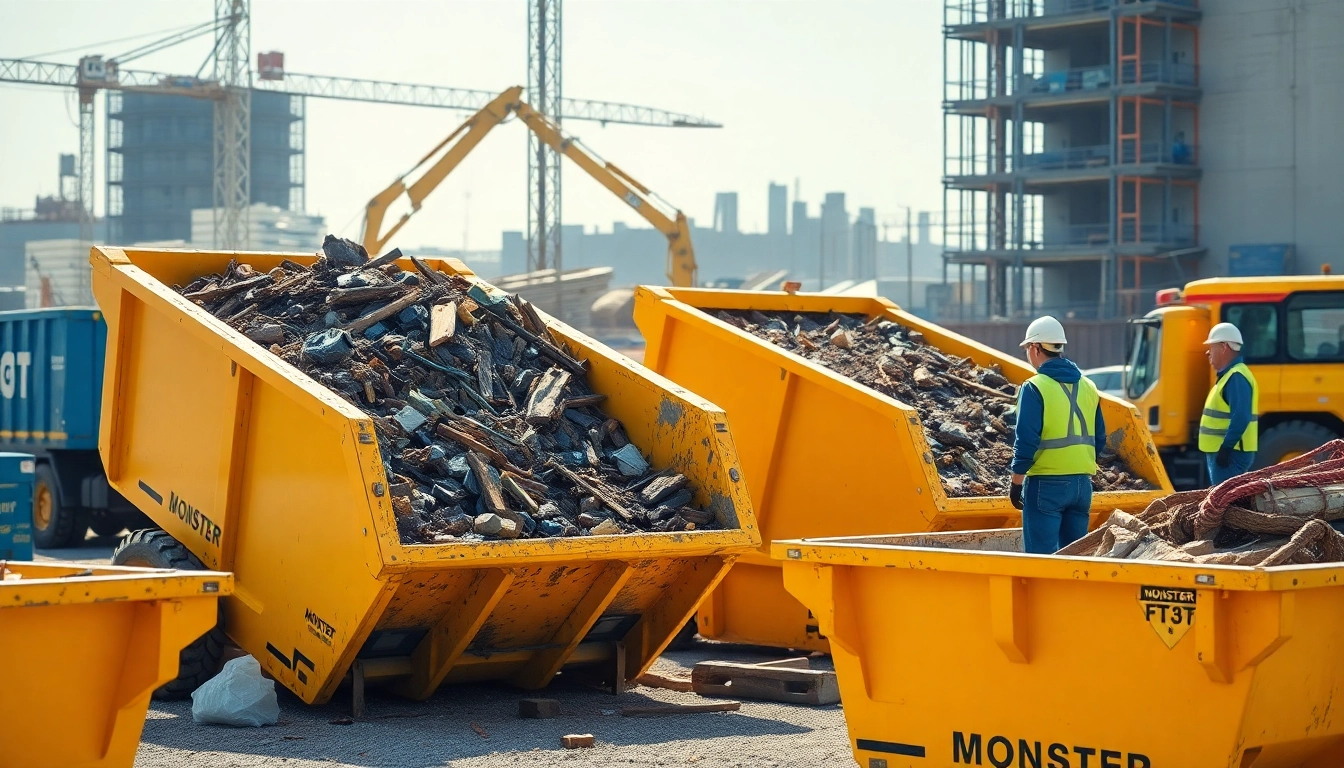 Monster Skips service showcased at a busy construction site filled with debris.
