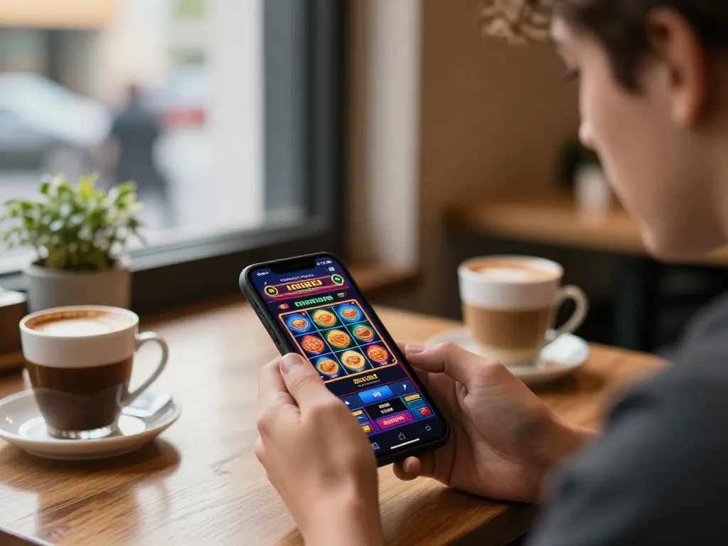 Engaging in a thrilling mobile casino experience, showcasing slot gacor hari ini on smartphone under cozy coffee shop lighting.
