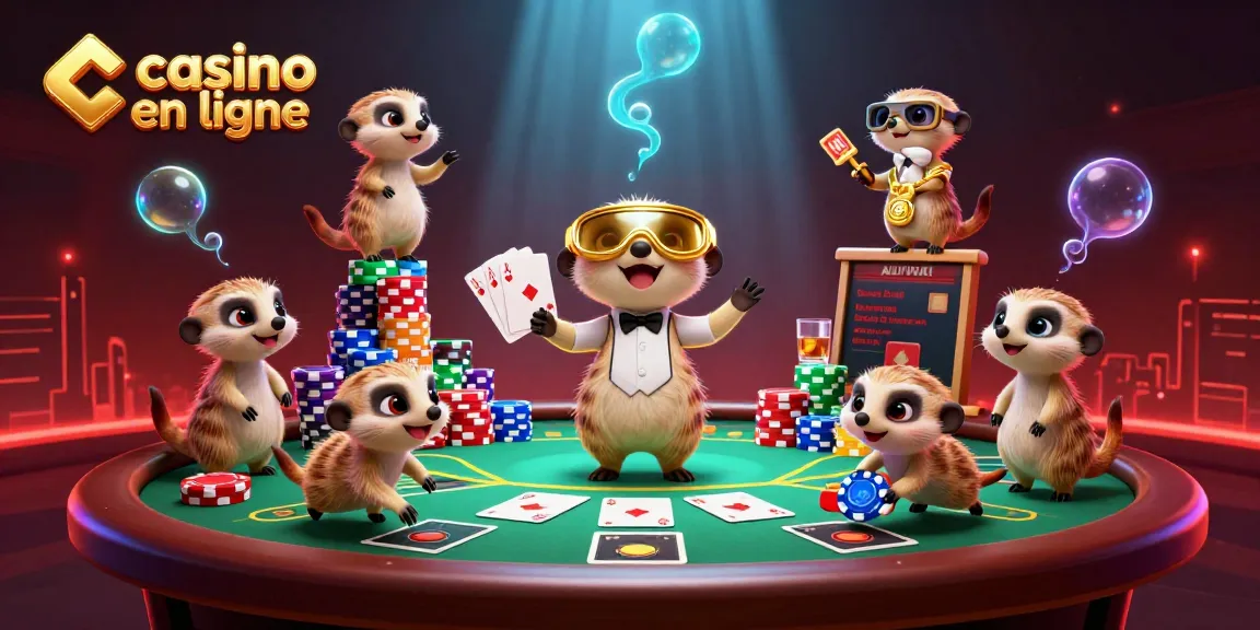 Jouez dans un casino en ligne animé avec des suricates gérant les mises et les cartes.