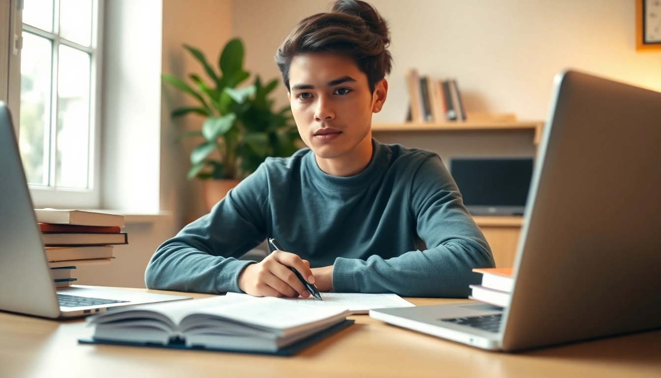 Student using proctored exam help advice in a cozy home office.