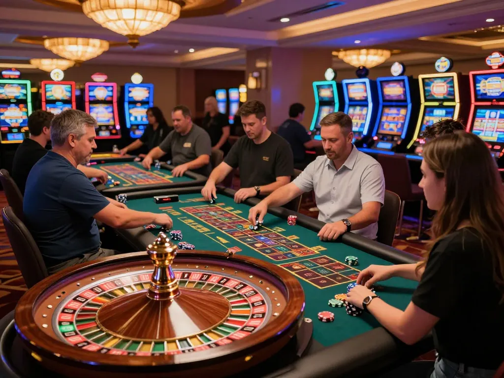 Players engaged in roulette on sites not on gamstop in a lively casino atmosphere.
