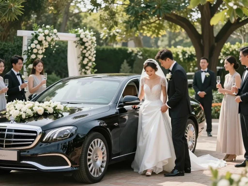 Cho thuê Mercedes sang trọng cho đám cưới, ghi lại những khoảnh khắc thanh lịch của cô dâu và chú rể.