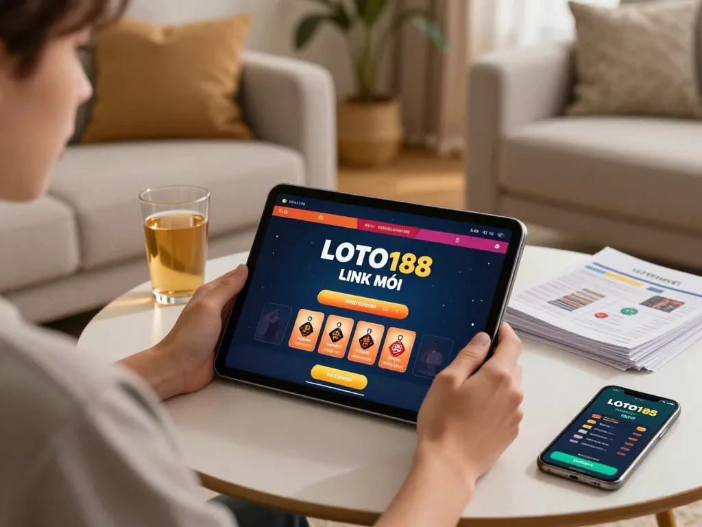Engaged player exploring LOTO188 LINK MỚI on tablet in cozy home setup, showcasing inviting online gambling atmosphere.
