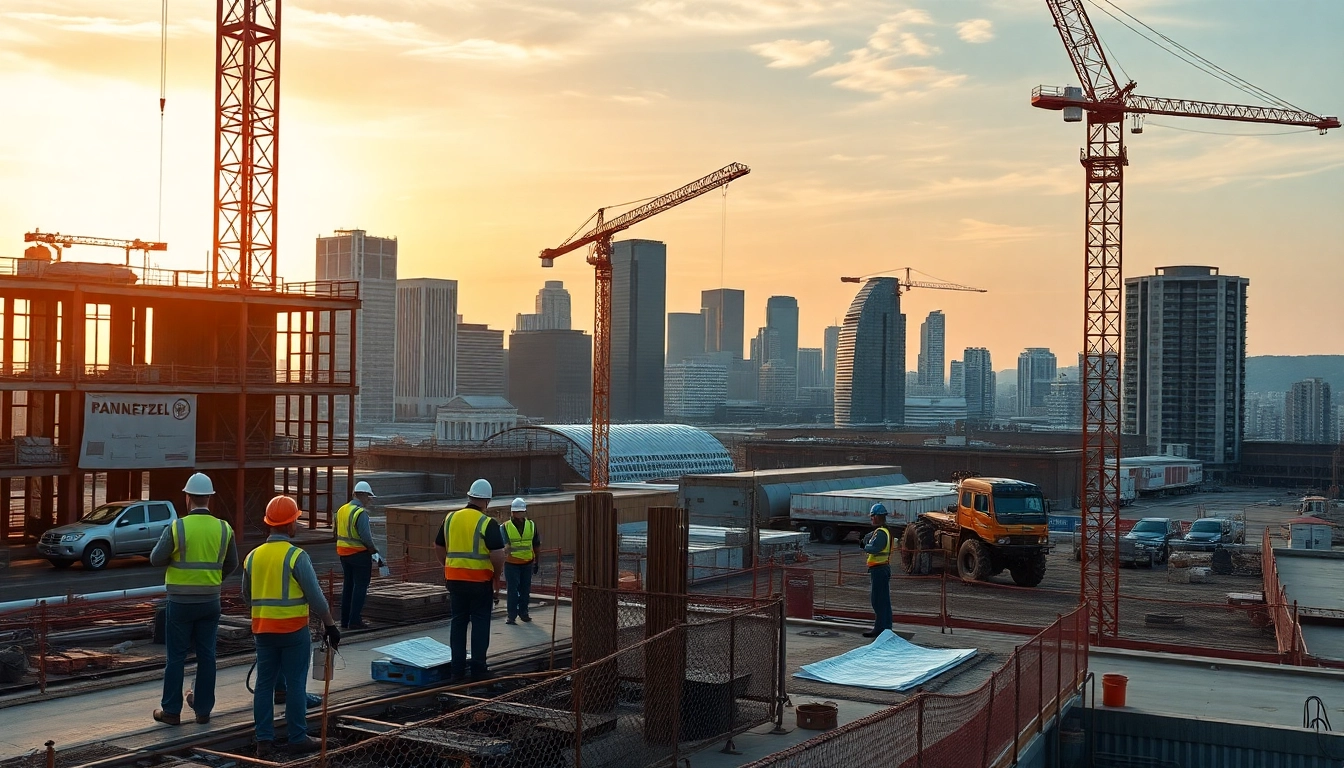 Tennessee construction news highlighting a bustling site at sunrise with workers and cranes.