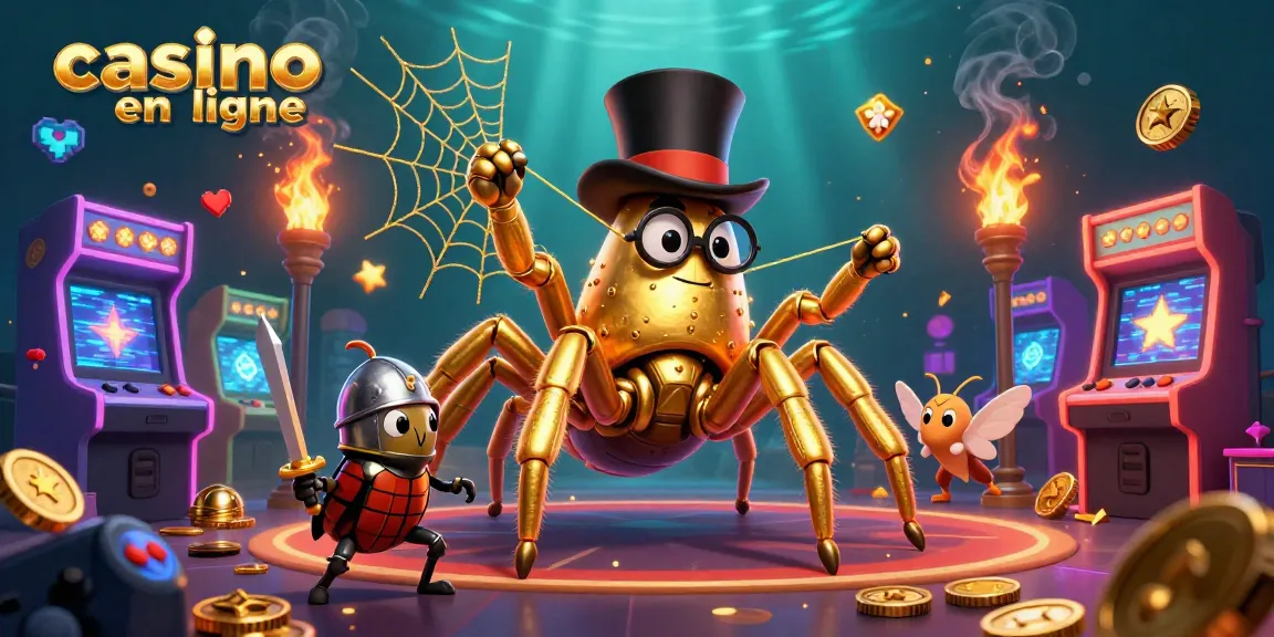 Explorez l'univers du casino en ligne avec cette scène animée mettant en avant une araignée dorée amusante tissant un lien magique entre les jeux.
